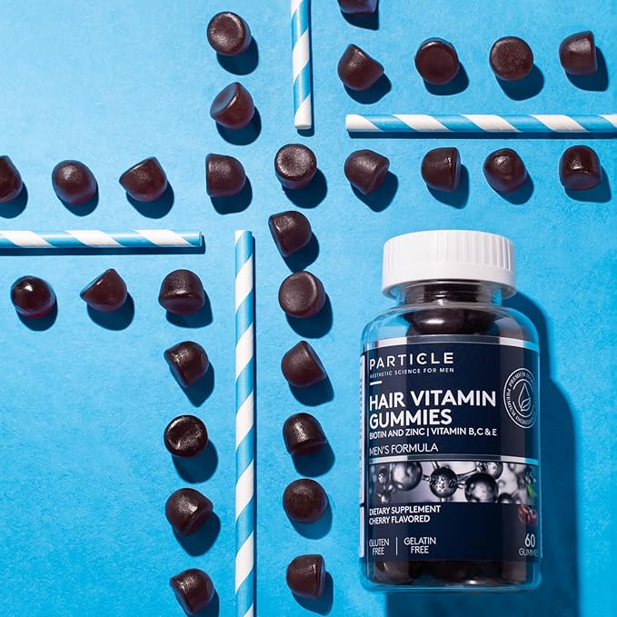 Particle Men’s Hair Gummies Gluten Free &amp Vegan Supplement with Vitamin C Biotin Zinc &amp Vitamin B12 Men’s Daily Supplement for Hair &amp Wellness Support Cherry Flavor 60 Gummies 1 Mon