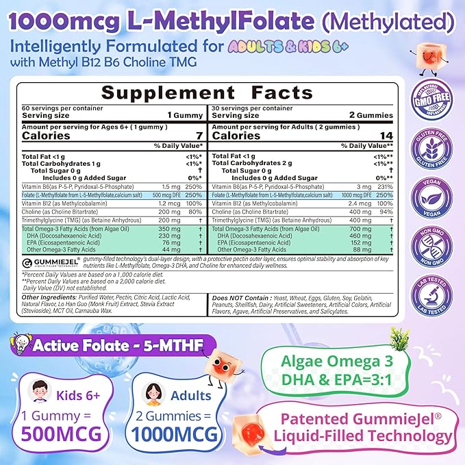 Omega-3 L-Methylfolate 1000 mcg + Methyl B12 Gummies 2Pack