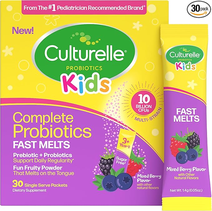 Culturelle® Kids Complete Probiotics Fast Melts Mixed Berry Flavor 30 Count Sugar Free‡ Prebiotic + Probiotic Powder for Digestive and Immune Health Supports Daily Regularity *