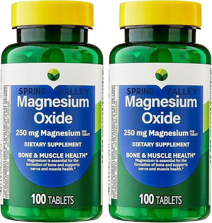 Pack 2 Magnesium 250 mg Oxide Tablets 100 Count – Dietary Supplement to Support Bone Muscle &amp Nerve Function