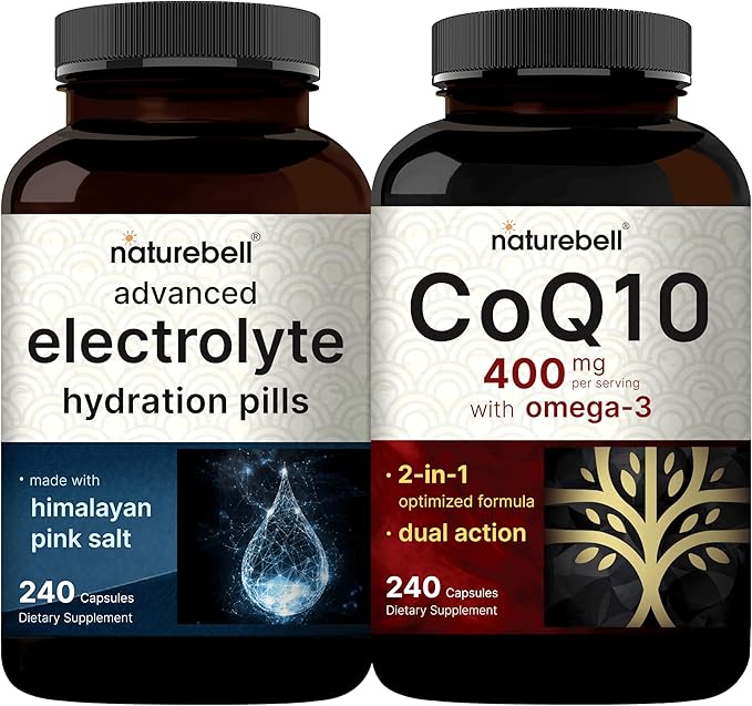 NatureBell CoQ10 400mg with Omega 3 Fatty Acids &amp &amp Advanced Electrolyte Hydration Pills Bundle Pack | Antioxidant Support | Fast Hydrating Keto