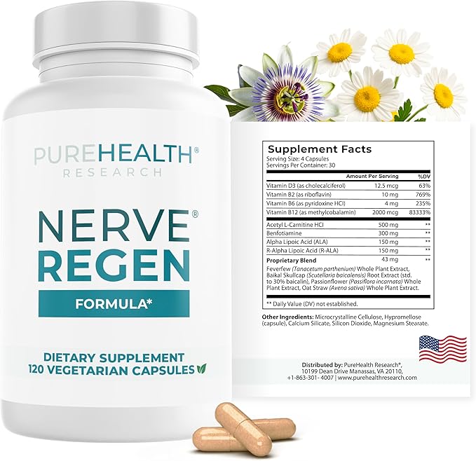 PUREHEALTH RESEARCH Nerve Regen Formula - Nerve Support Supplement for Feet &amp Hands - with Alpha Lipoic Acid ALA Benfotiamine Acetyl L-Carnitine Riboflavin Vitamin B6 B12 D &amp More - 120