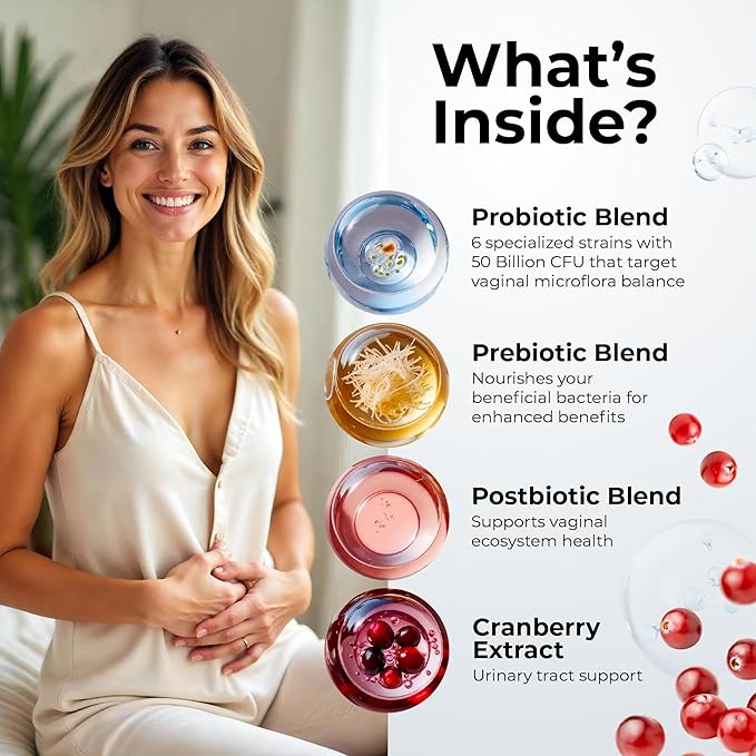 Women’s Probiotic for Vaginal Health | 50 Billion CFU with Probiotics Prebiotic Postbiotics &amp Cranberry for pH Balance UTI Support Yeast Gut Health Odor Dryness &amp Feminine Comfort