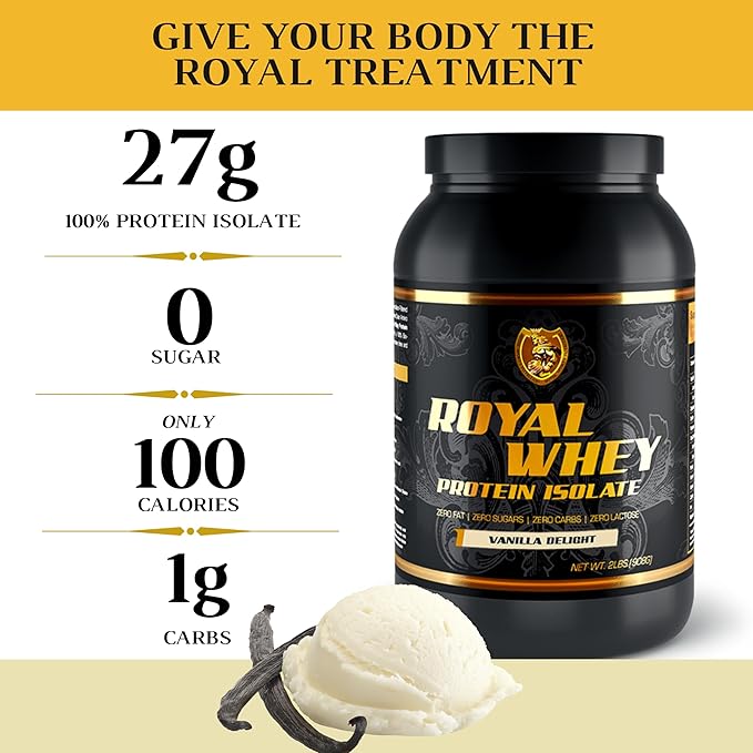 RSN Royal 100% Isolate Protein Powder | 27g Protein Isolate | 0 Sugar | 1g Carbs | 2 lbs | 30 Servings | Vanilla