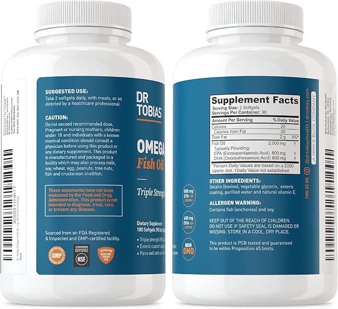 Dr. Tobias Omega 3 Fish Oil 2000mg Triple Strength with 800mg EPA 600mg DHA Per Serving | Fish Oil Omega 3 Supplements for Heart Brain &amp Immune Support - 360 Softgels (180 Servings)