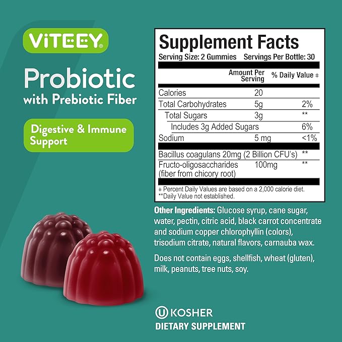 VITEEY Probiotic Gummies with Prebiotics – Gut Health Supplements for Digestive Health – 2 Billion CFUs – Vegan Gluten-Free – 120 Count