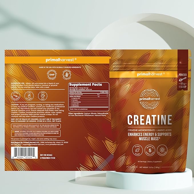 Primal Harvest Creatine Powder Supplement for Men and Women's Fitness Workouts and Muscle Growth to Help Promote Recovery Strength Energy and Endurance (1)
