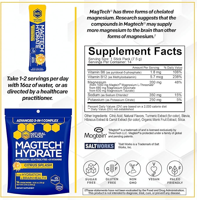 MagTech Magnesium Hydrate Packets - Sugar Free Hydration Powder - Magtein Magnesium L-Threonate Glycinate &amp Taurate - 200mg Chelated Triple Complex - Supports Hydration &amp Brain Health* - 14 S