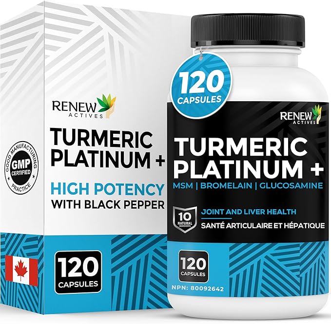 Renew Actives Turmeric Platinum 1350MG per 3 Capsules with Black Pepper &amp Ginger – Antioxidant Liver &amp Digestive Support – Reduces Inflammation &amp Boosts Immunity – Made in Canada – 120 Ca