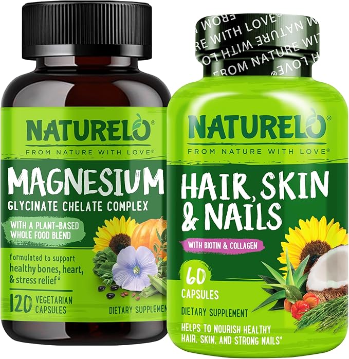 NATURELO Hair Skin and Nails Multivitamin - 60 Capsules and Magnesium Glycinate Chelate Complex - 120 Capsules Bundle