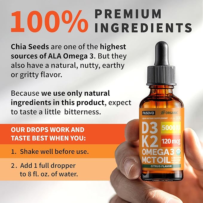 (2 Pack) Organic Vitamin D3 K2 Drops with MCT Oil Omega 3 5000 IU Maximum Strength Vitamin D Liquid No Fillers Non-GMO Liquid D3 for Faster Absorption Immune Support (Citrus Flavor 2 Fl Oz)
