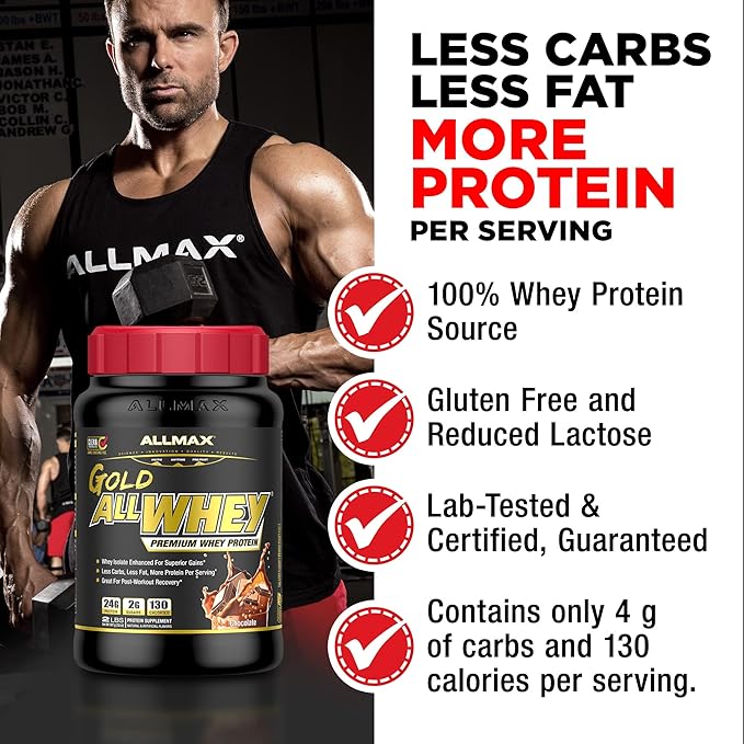 ALLMAX Gold ALLWHEY Chocolate Peanut Butter - 5 lb - 24 Grams of Protein Per Scoop - Gluten Free Low Carb &amp Low Sugar - Approx. 71 Servings