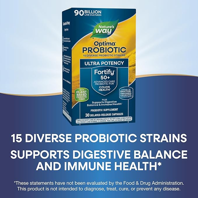 Nature's Way Fortify Optima Probiotic for Adults 50+ 90 Billion Live Cultures 15 Strains Colon Health* Supports Digestive Balance and Immune Health* 30 Capsules (Packaging May Vary)