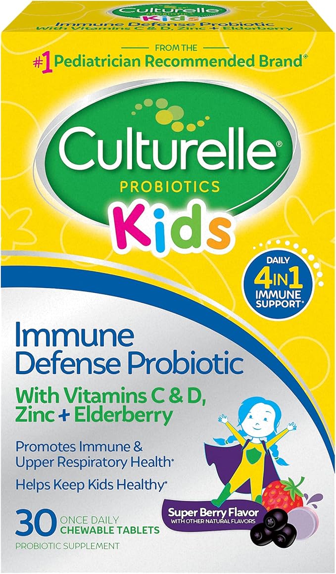 Culturelle Immune Defense Probiotic with Vitamin C Vitamin D and Zinc + Elderberry Non-GMO 4-in-1 Immune Support for Kids Ages 3+* Mixed Berry Chewables 30 Count