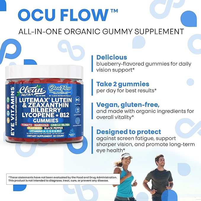 Clean Nutra Lutein and Zeaxanthin Eye Vitamins Gummies + Bilberry for Eyes Vision Support Ginkgo Biloba Marigold Vitamin B12 Flaxseed Black Pepper CoQ10 Vitamin A l 60 Count B OcuFlow