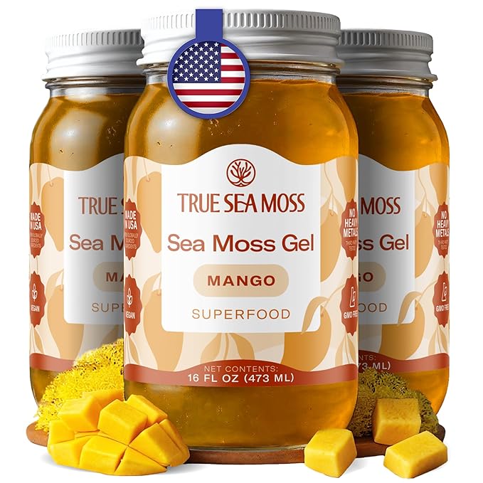 TrueSeaMoss Sea Moss Gel – Made in USA – Wildcrafted Seamoss Fruits &amp Jarred Vegetables – Mango Pack of 3 (Labels may Vary)