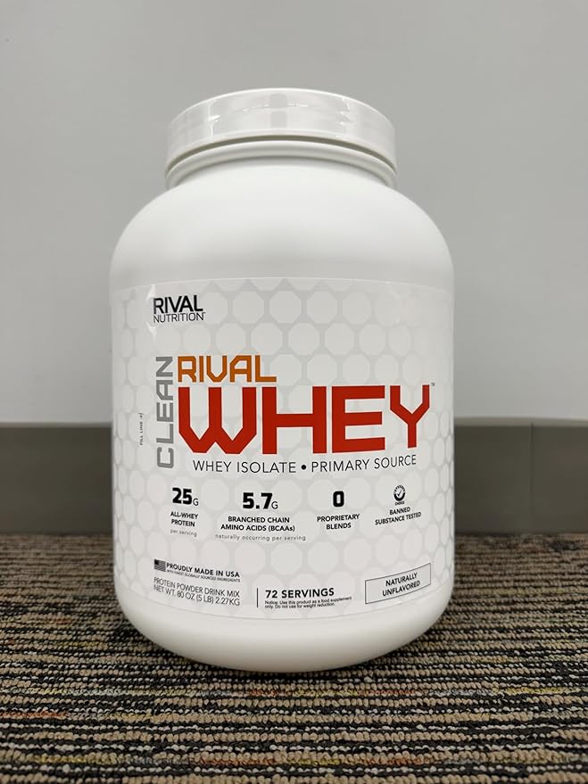 RIVAL NUTRITION Clean Rival Whey – 5LB Unflavored – 100% Whey Protein Powder Whey Isolate Primary Source | 25g Protein Muscle Gain/Recovery | All Natural No Artificial Ingredients - 72 Servings