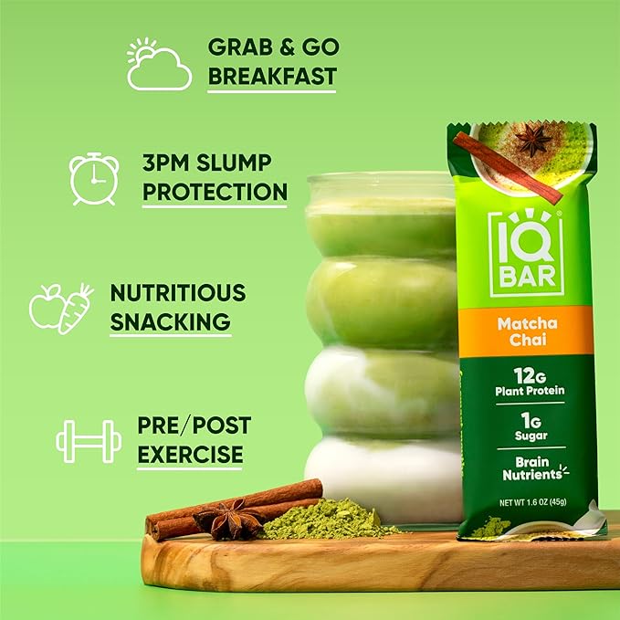 IQBAR Clean Plant Protein Bars - Matcha Chai - 36 Count - Keto Vegan High Fiber Gluten and Dairy Free Low Sugar Snack - Brain and Body Nutrients for Focus Energy Meal Replacement
