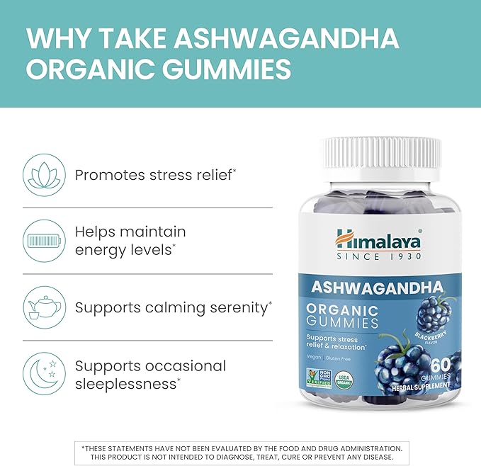 Himalaya Ashwagandha Organic Gummies KSM-66 Organic Ashwagandha to Help with Stress Relief Energy and Relaxation 60 Gummies with Delicious BlackBerry Flavor