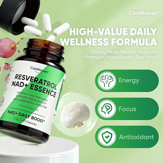 NAD+ Resveratrol Essence Capsules - 5mg NAD+ &amp Lion's Mane Mushroom - Supports Healthy Cell Function &amp Daily Wellness - 60 Active Dietary Capsules (2PCS)