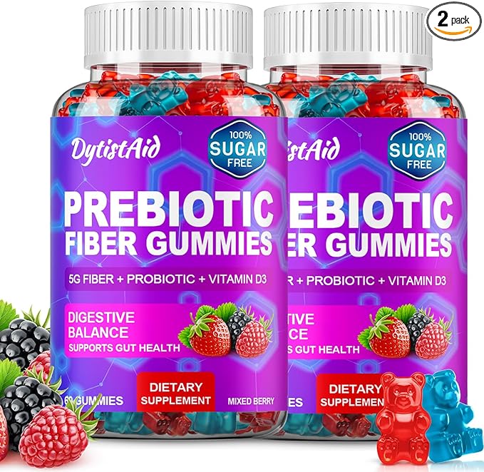 Prebiotic Fiber Gummies 5g Fiber per Serving 2 Billion CFU Bacillus Coagulans + Vitamin D3 Sugar Free Pectin Mixed Berry Gummies Inulin (FOS) + Acacia + Apple Pectin 120 Gummies (60 Servings)