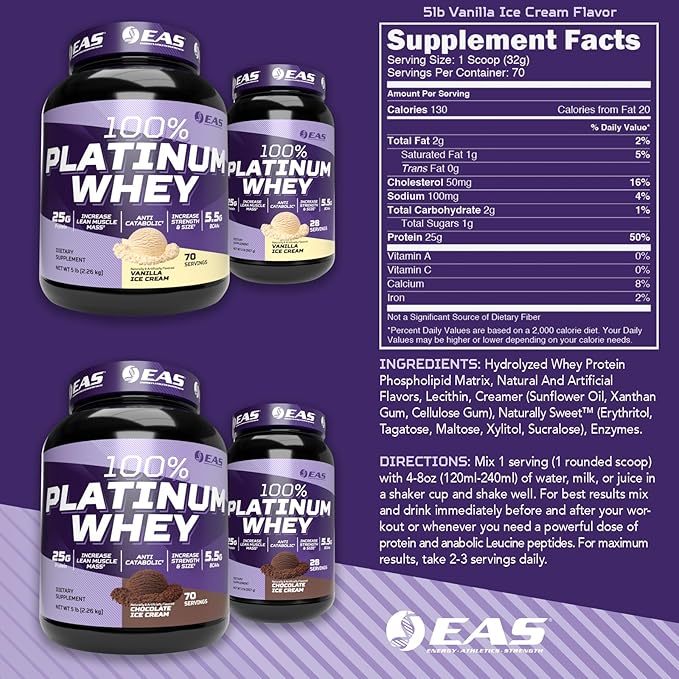 EAS Experimental and Applied Sciences 100% Platinum | 3 Ultra-Platinum Whey Proteins | Increase Size &amp Strength | 25g Protein 5.5g BCAAs | 5 Pound (Strawberry Ice Cream)