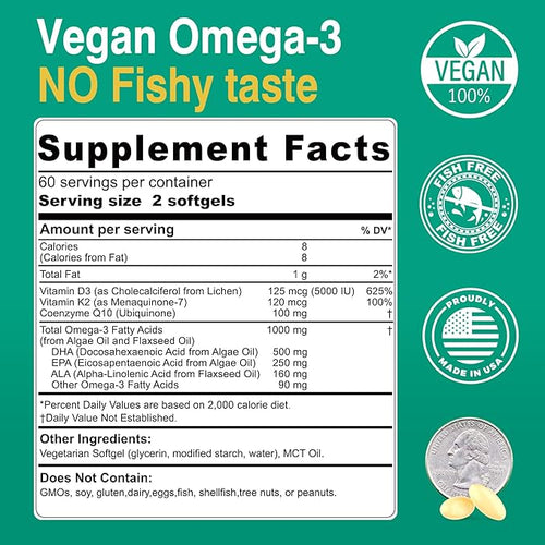 2 Pack Vegan Omega 3 D3 K2 CoQ10 Supplement Plant Based DHA EPA ALA for Women Men Omega 3 Organic Algae Flaxseed Oil Supplement for Bone Brain Eye &amp Immune Support No Carrageenan 240 Softgel