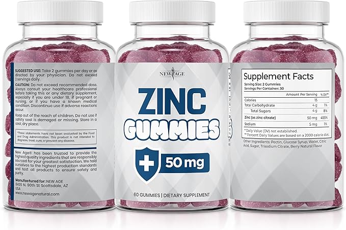 NEW AGE Zinc Gummies - 50mg Zinc Supplement Immune Supplement Antioxidant Non-GMO (180 Count (Pack of 3))
