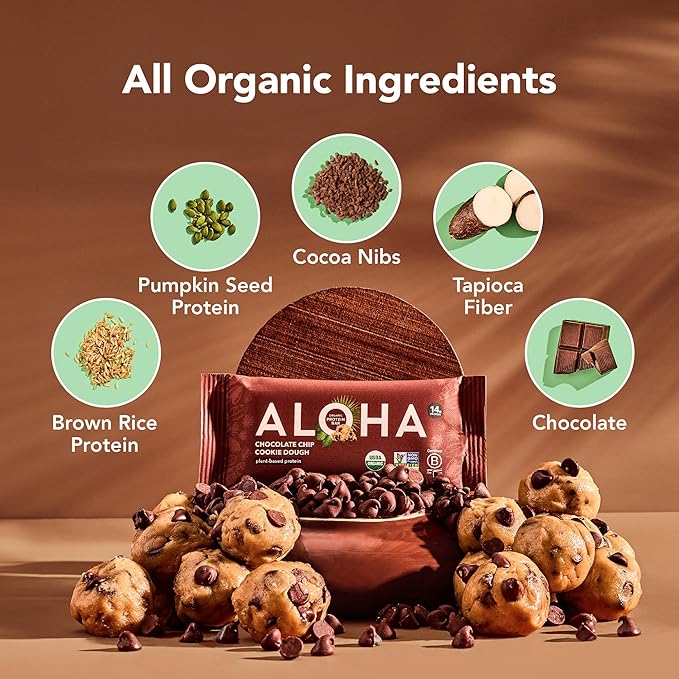 Aloha Organic Plant Based Protein Bars Chocolate Chip Cookie Dough 1.98 Oz(Pack of 12)