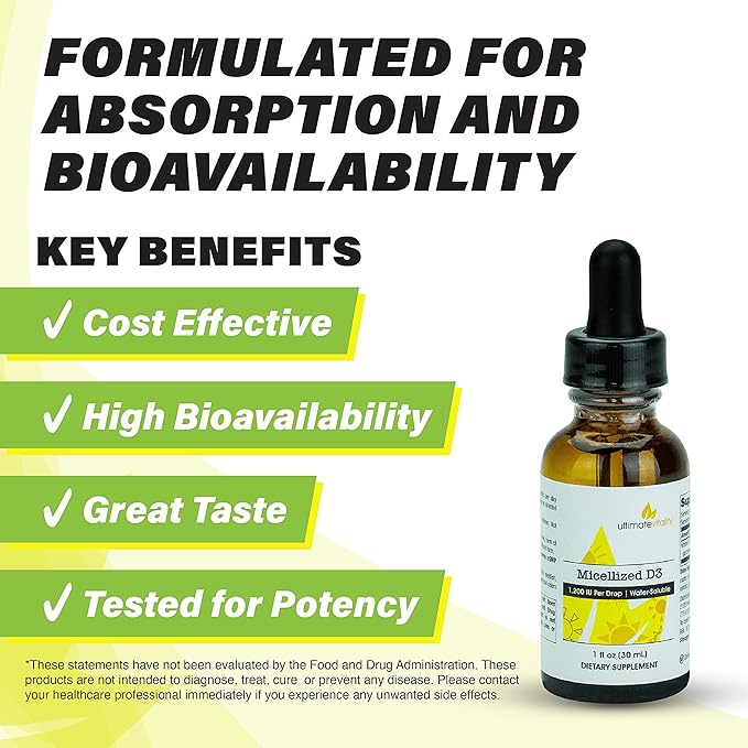 Micellized Vitamin D3 Liquid 750 Servings 1200 IU Per Drop Best Value Natural Soy Free Water Soluble - 1 Ounce