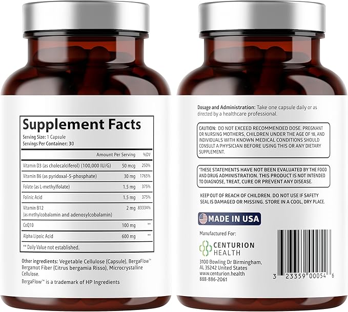 Puralor DN Nerve Support Supplement Advanced Neuropathy Support Supplement with Alpha Lipoic Acid CoQ10 Folate Vitamin B12 and Vitamin D3 Non-GMO Vegan 30 Capsules