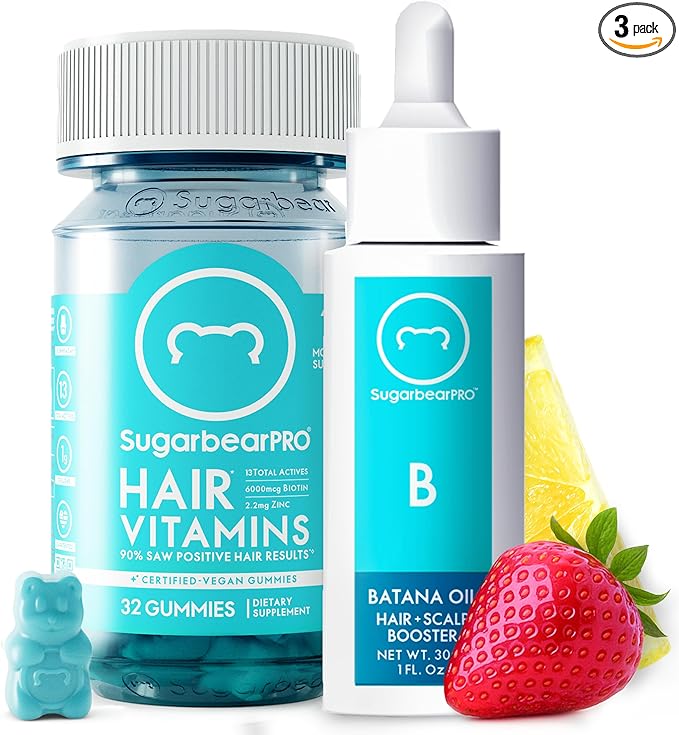 SugarBearPro Batana Hair Oil &amp Glass-Dropper Applicator 1oz + Vegan Hair Vitamin Gummies 1 Month Supply Extra Strength Biotin 6000mcg