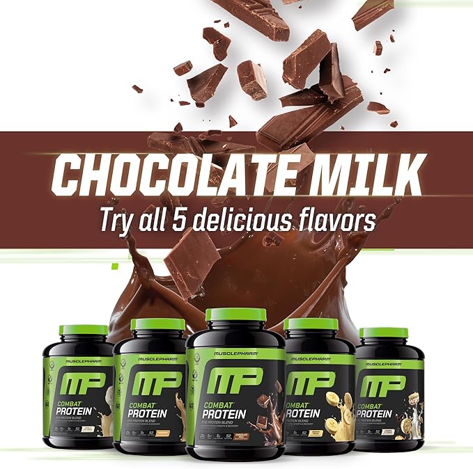 MusclePharm Combat Protein Powder Chocolate Milk Flavor Fuels Muscles for Productive Workouts 5 Protein Sources including Whey Protein Isolate &amp Egg Albumin Gluten Free 4.2 lb 52 Servings