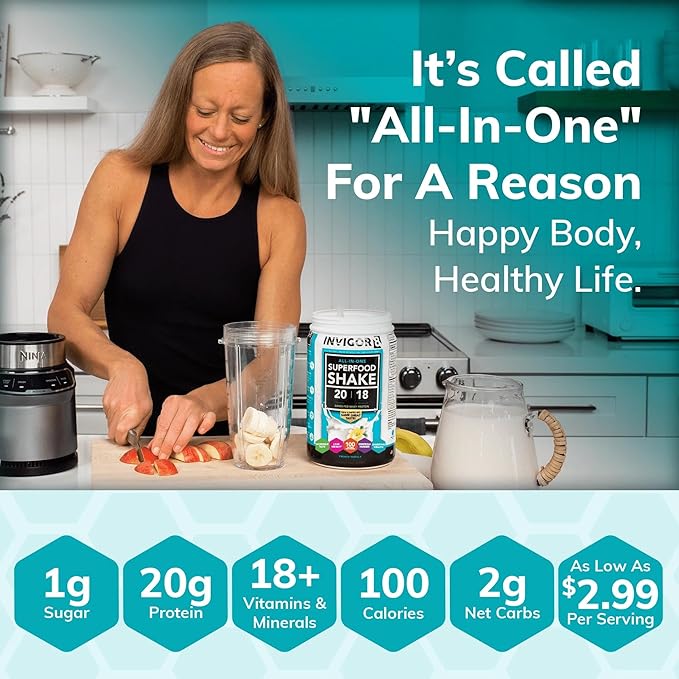 INVIGOR8 Superfood Grass Fed Whey Protein Isolate Shake French Vanilla Gluten-Free and Non GMO Meal Replacement with Probiotics and Omega 3 (483g)