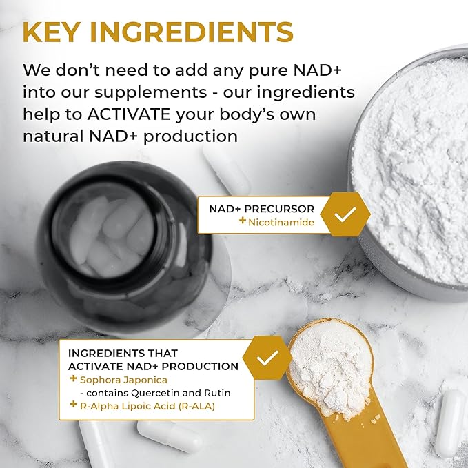 Nuchido Time+ NAD Supplement for Men &amp Women - Advanced Formula for Healthy Aging Energy Focus Cellular Health &amp Longevity - Nicotinamide Alpha Lipoic Acid Quercetin - 90 Capsules
