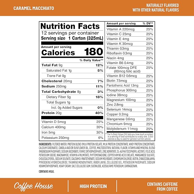 SlimFast Protein Shake with Caffeine Caramel Macchiato- 20g Protein Meal Replacement Shakes High Protein with Low Carb and Low Sugar 24 Vitamins and Minerals 12 Count (Pack of 1)
