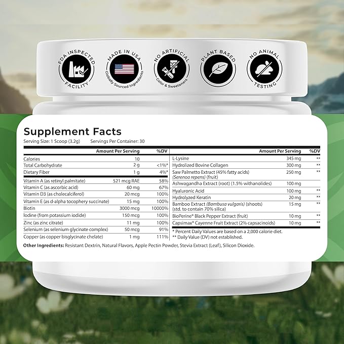 HairVive Hair Supplements for Hair Growth - Hair Vitamins for Women &amp Men - with Biotin Collagen Keratin Hyaluronic Acid Zinc Selenium &amp More - 3.39 Oz - 30 Servings - Apple Pie Flavor
