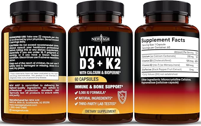 NEW AGE Vitamin D3 5000 IU + K2 MK-7 100 mcg - 2-in-1 Bone Immune &amp Heart Support Easy to Swallow Non-GMO - 180 Capsules