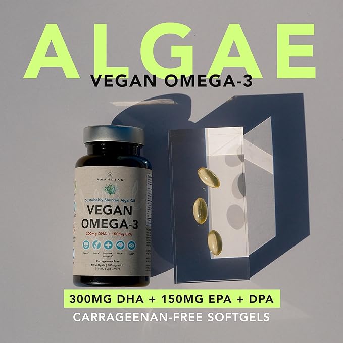 AMANDEAN Vegan Omega 3 Supplement. Premium Fish Oil Alternative. Algae DHA &amp EPA. Carrageenan Free Softgels. Algal Essential Fatty Acids. Plant Based Heart Brain Eye Skin Immune Support. (60ct