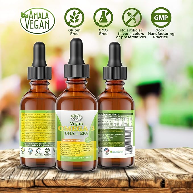 Potent &amp Organic Vegan Omega 3 Liquid Supplement: Better Than Fish Oil! Plant Based Water Extracted Algae Oil- DHA EPA DPA Fatty Acids- Non GMO- Supports Immune Heart Brain &amp Joint Health-60