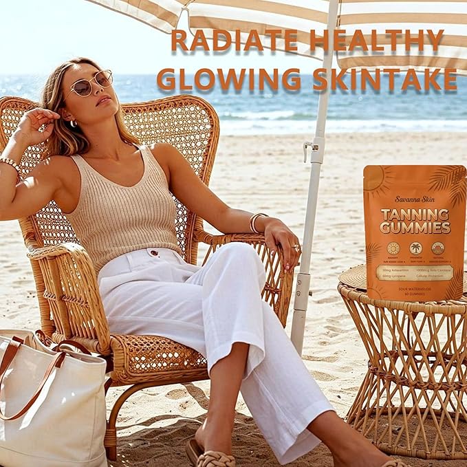 Savanna Skin Tanning Gummies:Antioxidant Beauty Gummies with Beta-Carotene &amp Lycopene for a Healthy Sun-Kissed Look – 60 Daily Beauty Gummies