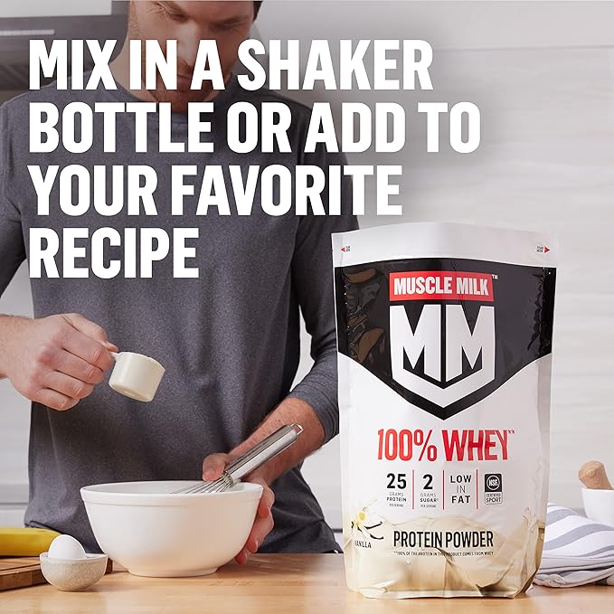 Muscle Milk 100% Whey Protein Powder Chocolate 5 Pound 66 Servings 25g Protein 2g Sugar Low in Fat NSF Certified for Sport Energizing Snack Workout Recovery Packaging May Vary