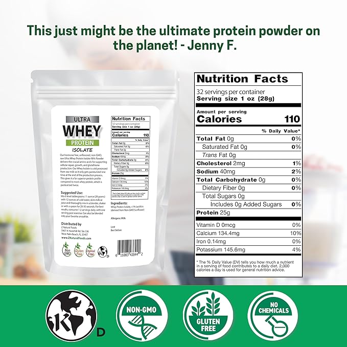 Z Natural Foods Ultra Whey Protein Isolate Powder - Pure Unflavored Unsweetened Whey Protein Powder - Flavorless Whey Isolate with Vital Proteins for Fitness Sports Nutrition Immune Support 2 lbs
