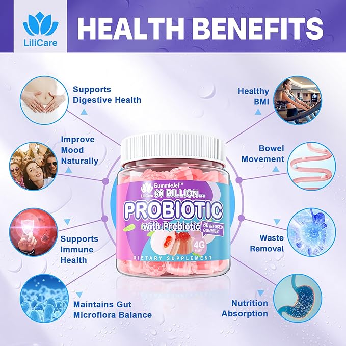 Probiotic Gummies for Women Men 60 Billion CFU Probiotics + Prebiotics Gummy Sugar Free 11 Strains for Digestive Health Supports Constipation Diarrhea Gas &amp Bloating - Peach Flavor Vegan 12