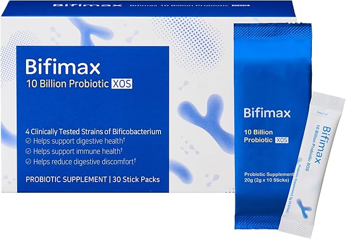 Bifimax 10 Billion Probiotic XOS - Premium Synbiotic Supplement with Human-Derived Bifidus Bacteria &amp XOS Advanced Syn-B MAX Technology for Gut Health (2.1 oz 30 Sticks)