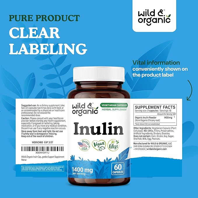 Wild &amp Organic Inulin Prebiotic Fiber Capsules 1400 mg - Digestive &amp Gut Support - Chicory Root Inulin Powder Supplement - Vegan No Fillers Non-GMO - 60 Count