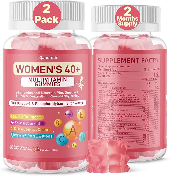 Multivitamin for Women Gummies for 40+ with Omega-3 Phosphatidylserine B-Complex Lutein Algae Calcium + Vitamin D3 for Brain Eye Energy Immune &amp Bone Support* – Vegan Sugar Free 120 Cts