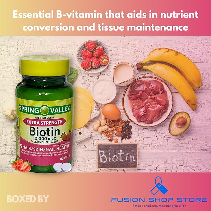 Biotin 10000mcg Fast Dissolve- Natural Strawberry Flavor Hair Skin and Nails 60 Tablets (Pack of 2) Boxed By Fusion Shop Store