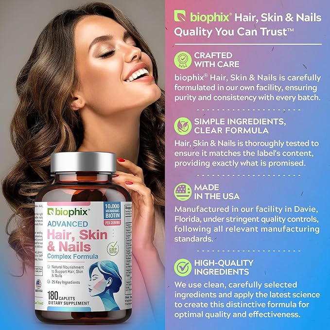 biophix Hair Skin and Nails Complex 180 Caplets with 10000 mcg Biotin - Multivitamin Supports Strong Nails Beautiful Hair Healthy Aging