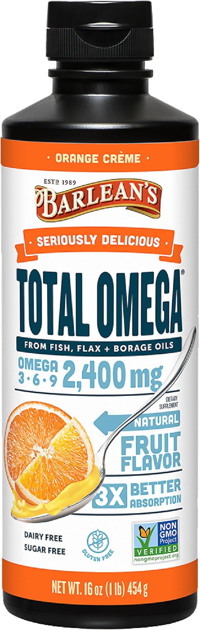 Barlean's Total Omega 3 6 9 Liquid Fish Oil Supplement with Borage and Flaxseed Oil Orange Crème 2400 mg of EPA DHA and GLA Fatty Acids 16 oz